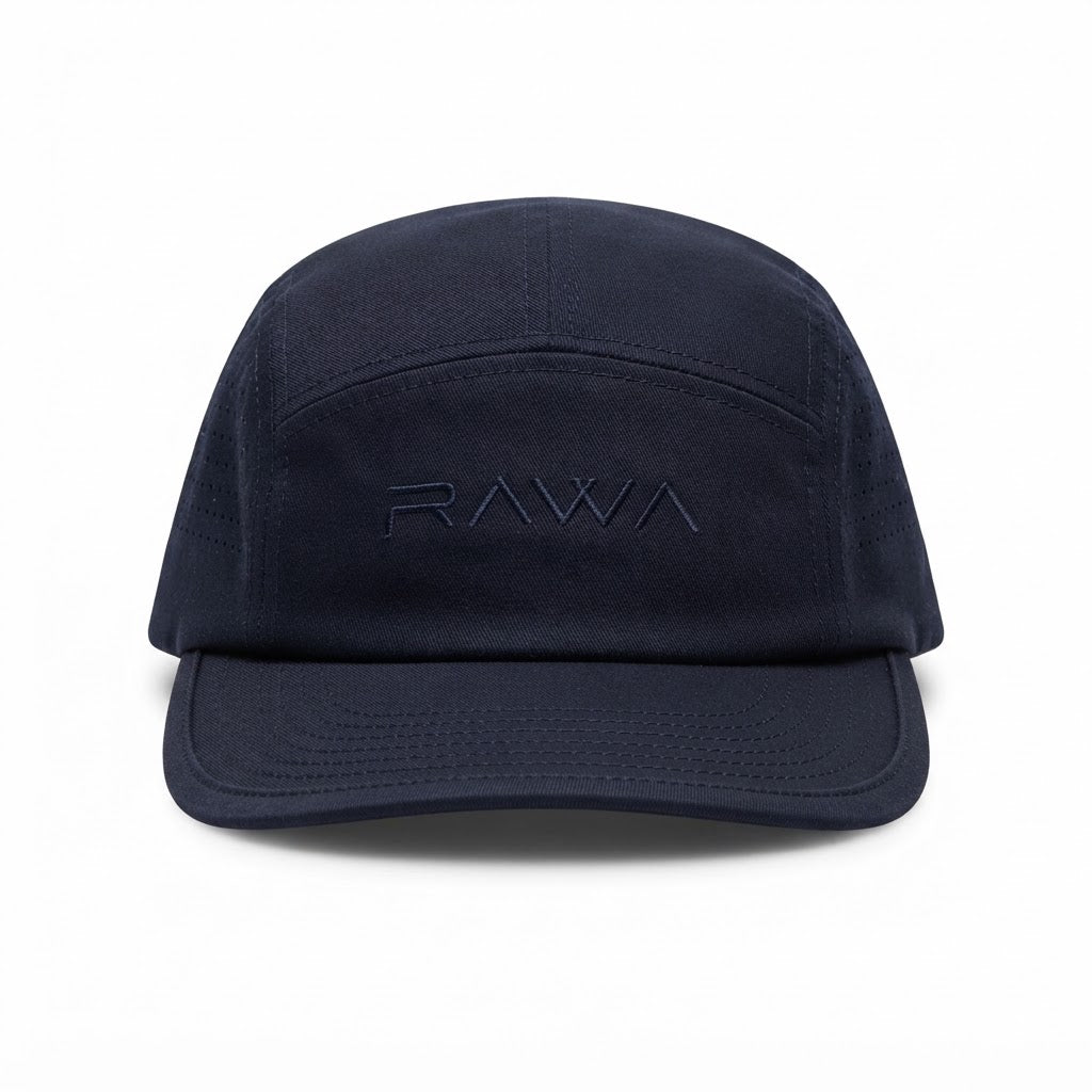 Navy lyocell merino running cap, front view with tonal RAWA embroidery