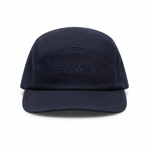 Navy lyocell merino running cap, front view with tonal RAWA embroidery