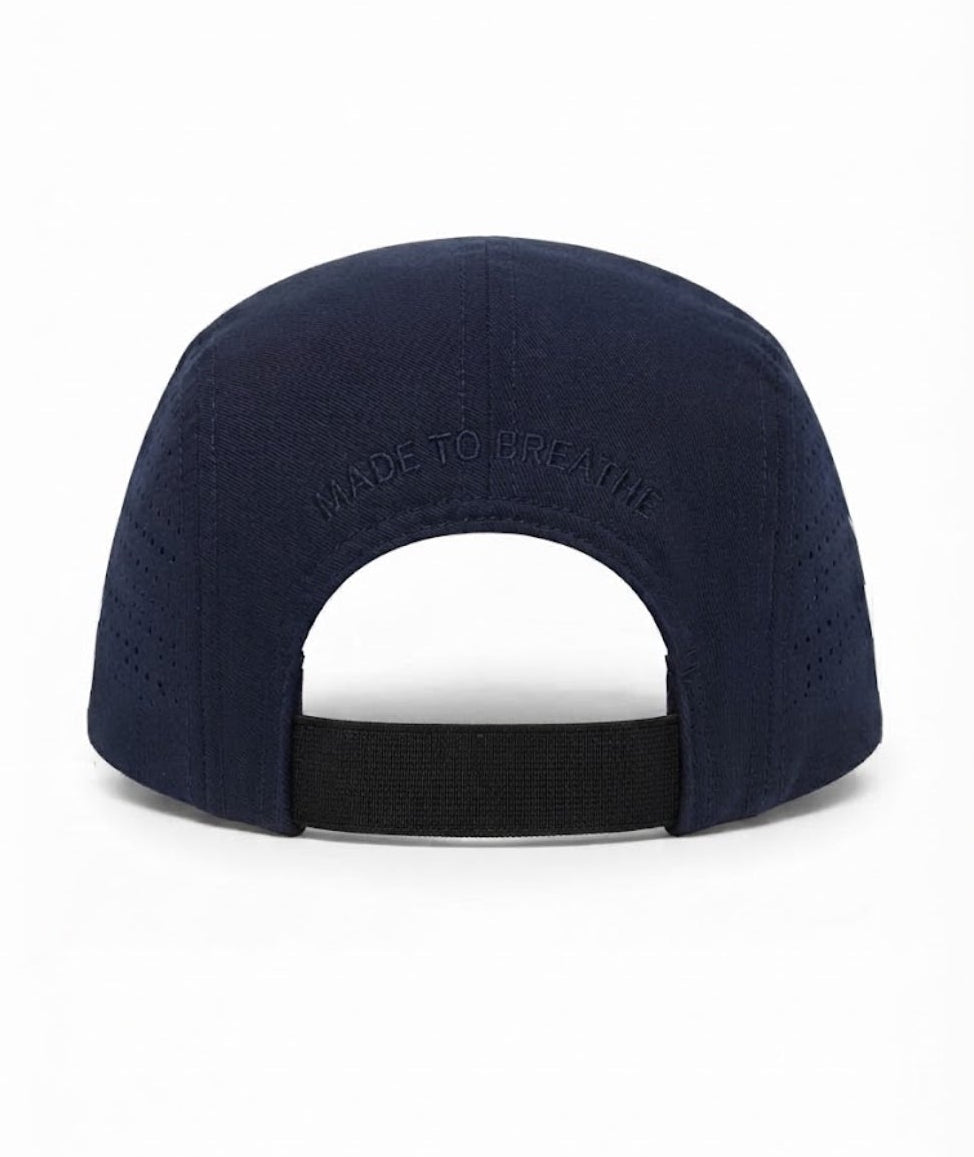 Navy lyocell merino running cap, back view with stretch-fit band